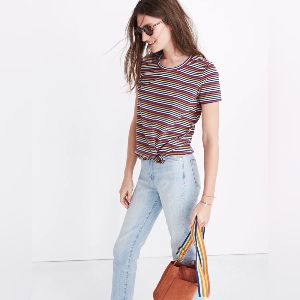 Madewell Knot-Front Tee in Rainbow Stripe Moon Rainbow Short Sleeve T-Shirt - Picture 2 of 10